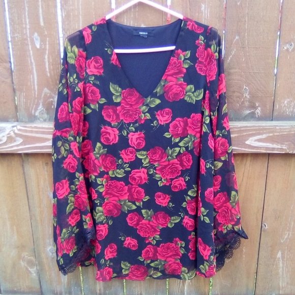 Forever 21 Floral Bell Sleeve Blouse Sz. L - Picture 1 of 4